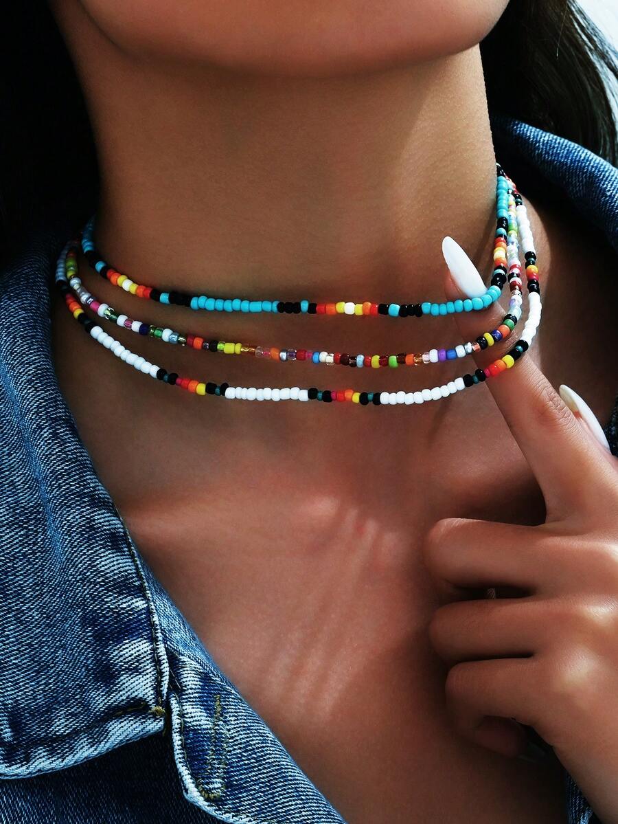 Pearl Trim Chain - Collana con perline colorate estive in